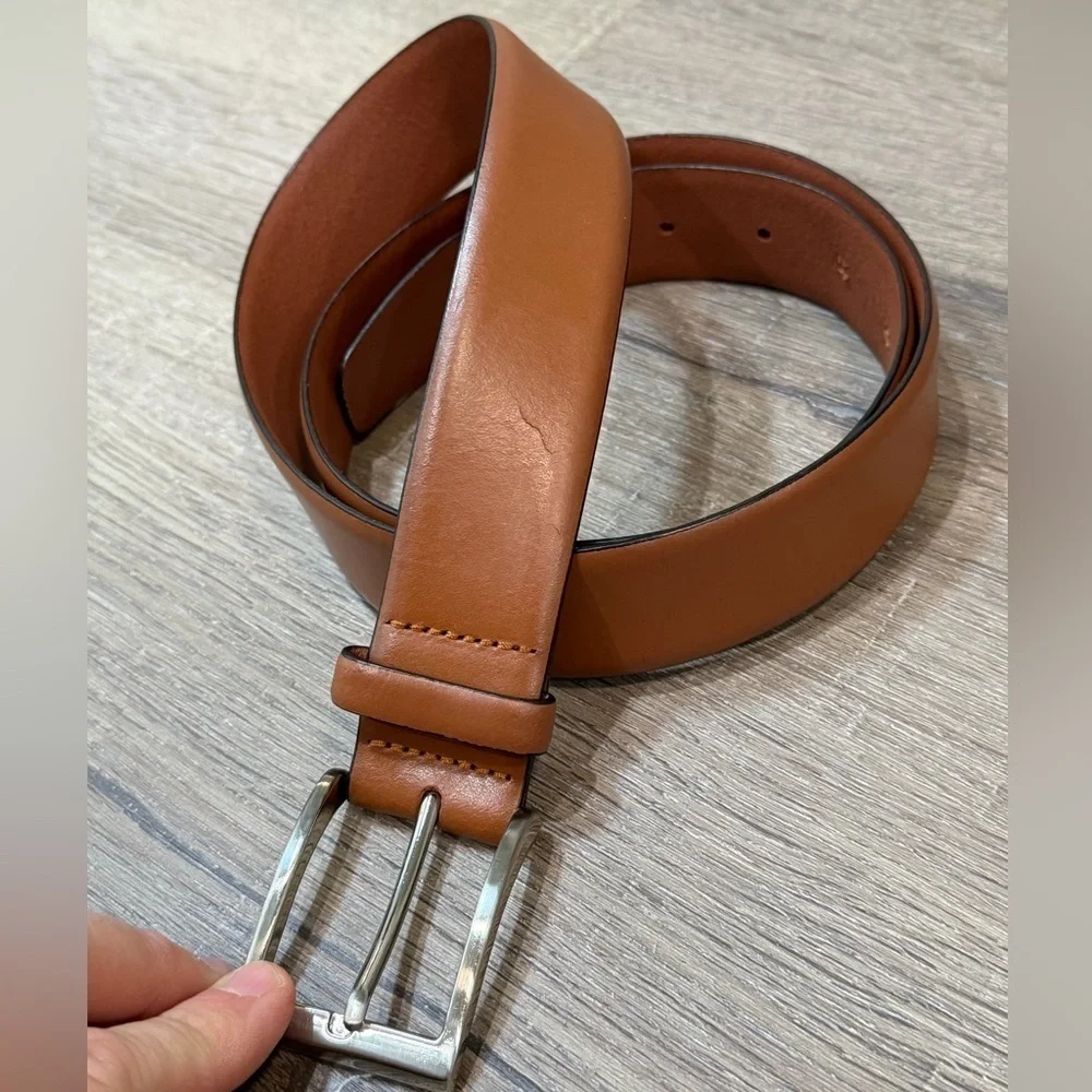 Jos. A. Bank 38 Hand Made in Italy Genuine Brown Leather Belt with Silver Buckle